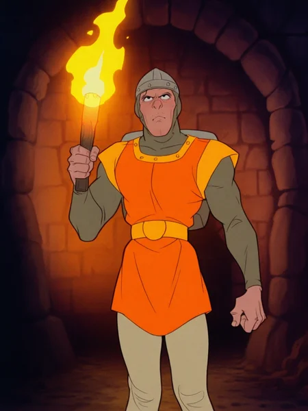 dirkthedaring, holding torch, upper_body, black_eyes, orange tabard, helmet, beige leggings, retro_artstyle, 1boy solo male standing, male_focus, dungeon rocks, source_cartoon, flat_colors <lora:Dirk_the_Daring__Dragons_Lair__Illustrious-000020:0.8>, masterpiece, best quality, amazing quality