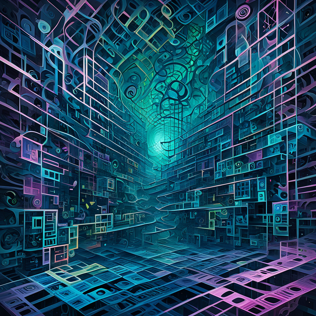 Disjointed mechanical parts floating in chaos, Rippling waves of light bending in impossible directions, Web of interwoven neon lines stretching to infinity, Victor Vasarely, Paul Klee, Anish Kapoor, Fragmented, Fluid, Expressive, Blended, Ethereal, Layered, Unpredictable, Intricate, Foggy, Phantasmal masterpiece, best quality, absurd resolution, artabs,  <lora:artfullyABSTRACTA:1>,