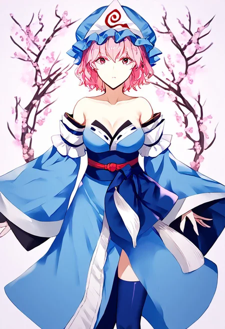 score_9, score_8_up, score_7_up, score_6_up, score_5_up, score_4_up, source_anime, 1girl, 
tamamonomaecosplay, tamamo no mae \(cosplay\), bare shoulders, blue kimono, blue thighhighs, detached sleeves, japanese clothes, kimono, obi, sash, collarbone, thighhighs, wide sleeves, 
yuyuko, saigyouji_yuyuko, mob_cap, triangular_headpiece, blue_hat, 
masterpiece, best quality, very aesthetic, absurdres,