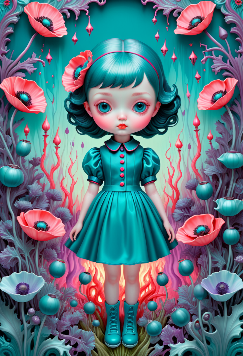 location nature print, poppy, abstract nature print, Mark Ryden, artaghast, James Jean, toddler, Digital painting, teal and coral, soft violet hues, glazed finish, 3D Shadows, surrounded by pink flames., floral pattern, chunky highlights, satin finish,  <lora:artfully_SELECTED:0.505>