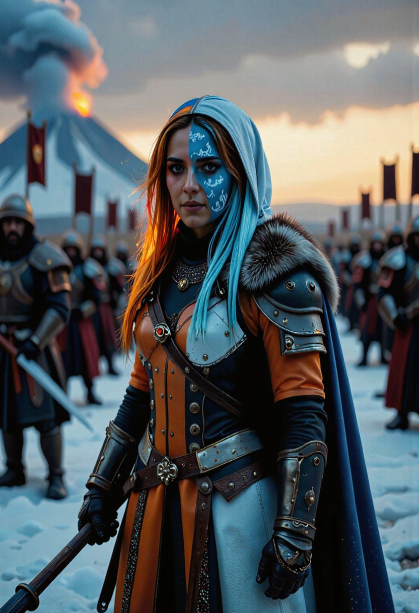 ral-faize, As dawn breaks, a Persian woman, portraying a fire and ice witch, with the left half or her armor glowing with warm embers and the right half half radiating cool mist with ice, effectively demonstrating why she is called the a fire and ice witch. With a fur-lined cloak, accents and an ornate blue and white on one side, orange and black on the other, holding a spear.   Standing confidently in front of a massive army. Regel, confident, and determined expression. With soldiers in heavy armor, some holding banners that flap in wind, distant volcano covered in snow and ice, with fresh lava running down part of the sides, and small cloud of ash puffing out the top in multiple places. Atmospheric perspective.  <lora:ral-faize-flux:1.0>, <lora:flux/Magic of Art  2  (FLUX)> Cinematic style, Beauty, Realism, Photorealism, Chiaroscuro, High quality, <lora:flux/Sinfully_Stylish_.02_for_FLUX-000002>, <lora:flux/mjv6_lora flux.safetensors_converted>, <lora:flux/perfection style v3b>, perfection style