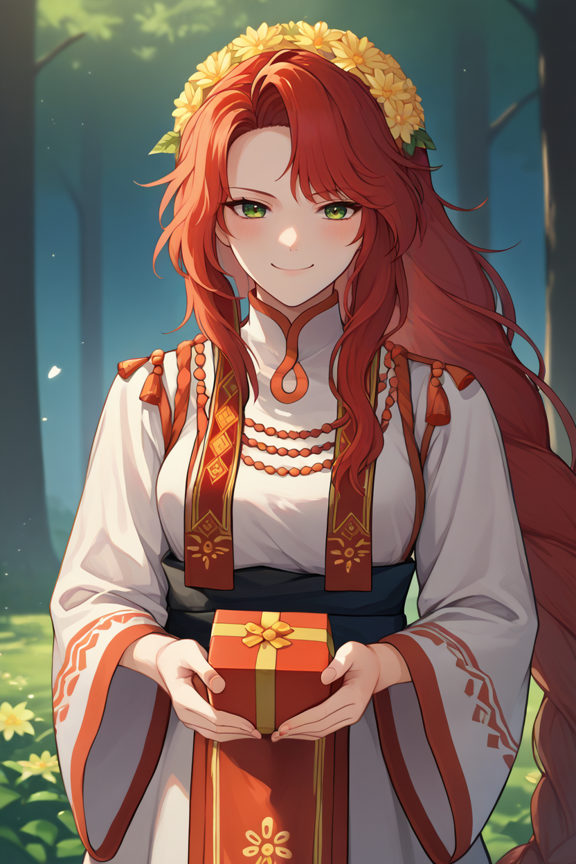 score_9, score_8_up, score_7_up, score_6_up, source_anime BREAK 1girl, solo, <lora:fetitania-pdxl-nvwls-v1-000005:1> valTitania, red hair, green eyes, hair flower, braided ponytail, white dress, tabard, sash, long sleeves, holding gift box, looking at you, smirk, blush, forest, night sky