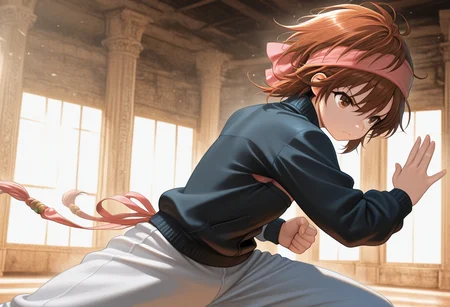 masterpiece, best_quality, amazing_quality, 1girl, solo,momokochar, short_hair, time-bending art gallery with paintings that come to life, fighting_stance, serious, track_jacket, track_pants,
