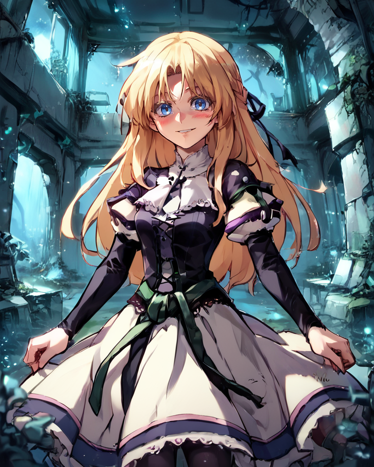 (score_9, score_8_up, score_7_up), source anime, indoors, forest, night, ruins, (night), stars, cosmos, <lora:backgroundsetXL:0.2> , background, woman ruins standing, female focus, blush, looking at viewer, <lora:HandFixer_pdxl_Incrs_v1:0.35> , handfixer, depth of field, highly detailed,(cowboy shot), <lora:Yggdra:0.8> , yggdef, 1girl, blonde hair, long hair, blue eyes, hair ribbon, ascot, juliet sleeves, black sleeves, dress, cross-laced clothes, cross-laced dress, lace-trimmed dress, lace trim, corset, black pantyhose, smile,  <lora:Manhwa-Artstyle__PonyXL__Shufflebox:0.8> , Manhwa-Artstyle, anime_source,