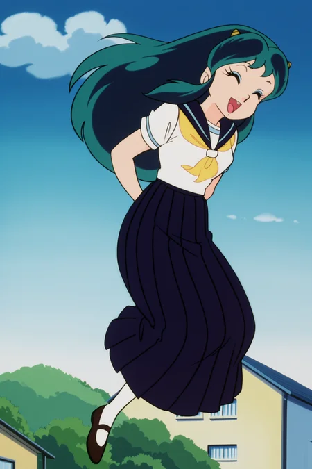 anime screencap, anime coloring, detailed face, masterpiece, best quality, very aesthetic, absurdres, volumetric lighting, official style, amazing quality, ultra detailed,  highres, amazing quality, scenery, beautiful detailed hair, beautiful detailed eyes,
outside, city, houses in background,
 <lora:Lum_Later_Studio_Pierrot_style:1>
Lum's uniform (outfit), Lum (character), 1girl, lum, solo, school uniform, eyeshadow, retro artstyle, 1980s (style), skirt, long hair, makeup, short sleeves, green hair, closed eyes, horns, smile, long skirt, jumping, white shirt, happy girl, laughing