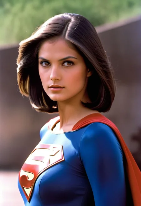 1980s Supergirl film costume, youthful raven-haired Supergirl, facing forward, shiny voluminous smooth straight side-parting short bob haircut, dark-brown eyes, Supergirl film 1980s, ultra-realistic photo, Hyperdetailed photography, sharp focus