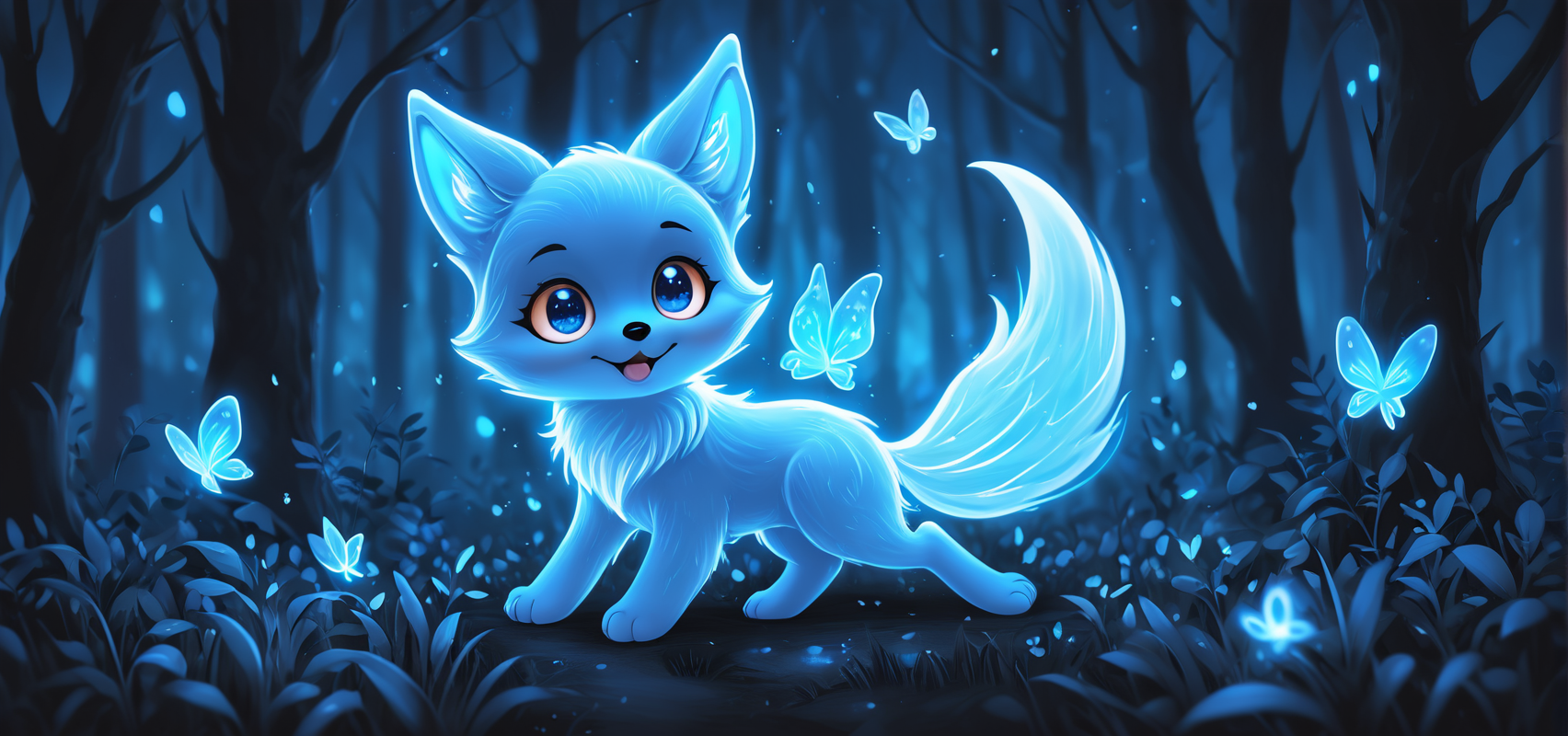 Spirit animal  ethereal ghost baby fox, adorable, cartoon character, glowing blue eyes, glowing butterflies, night time fantasy forest, realistic, extremely detailed, no humans, Hand-Drawn Style, playful lines, simple shapes, whimsical details, carefree feel