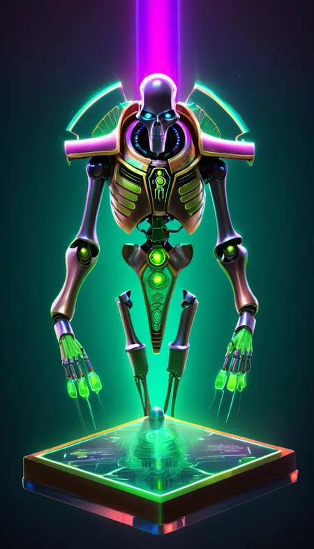 hologram of Necrons, scenery, detailed background, masterpiece, best quality, high quality, absurdres <lora:necrons_xl_v1:1> floating in space, a vibrant digital illustration, dribbble, quantum wavetracing, black background, behance hd
