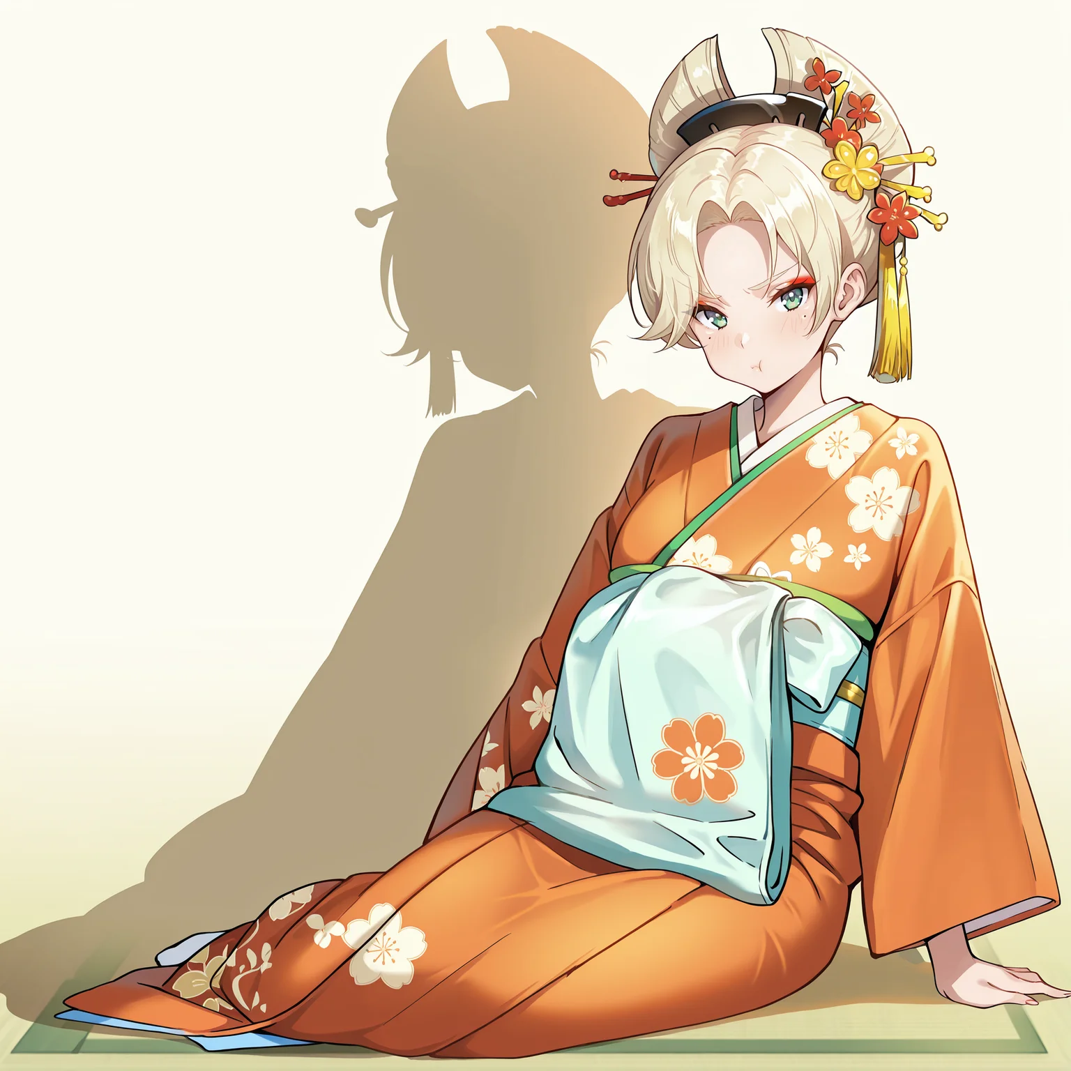 (masterpiece), (best quality), (ultra-detailed), (best illustration), (best shadow), (absurdres), (detailed background), (very aesthetic), 1girl, solo,, <lora:Sasha_jagaimo:1>, sasha-jagaimo, short hair, blonde hair, mole under eye, green eyes, <lora:oiran_illustrious_V1.0:1>, oiran, hair ornament, japanese clothes, kimono, floral print, kanzashi, makeup, full body, sitting on floor, gradient background, looking at viewer, pout
