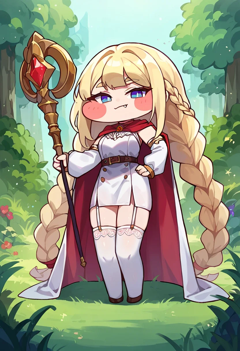 score_9,score_8_up,score_7_up,source_anime,zPDXL3,
*//*,<lora:Trickal_Revive-Pony:1>,1girl, blonde hair, chibi, long hair, blush stickers, fang, thighhighs, solo, braid, dress, cape, staff, white thighhighs, hand on hip, detached sleeves, garter straps, very long hair, white dress, + +, smile, looking at viewer