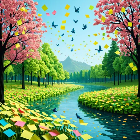 score_9, score_8_up, score_7_up, masterpiece, best quality, good quality, highly detailed, absurdres, Expressiveh, intricate details, detailed eyes, detailed background, Jed-StickyN, birds made of sticky notes flying in the sky, river with multicolored fish made of sticky notes, butterflies made of sticky notes, flowers made of sticky notes, forest made of sticky notes