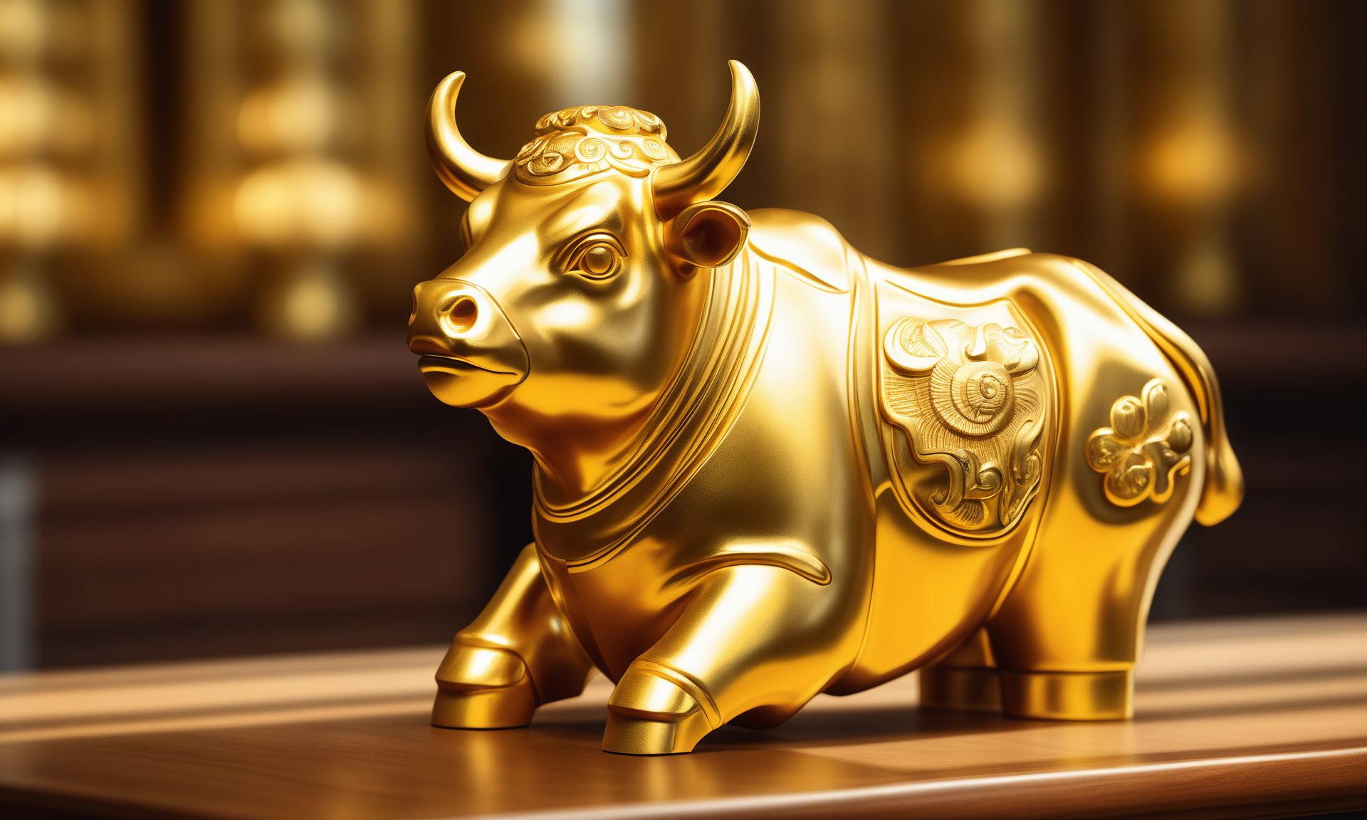 <lora:goldcarvingcd_xl-000006:0.8>,a statue of a ox made of golden in office scene,goldcarvingcd_xl,gold carving,indoors,chinese zodiac,wooden table,cutie,cute,still life,animal statue,front view,facing viewer,looking at viewer,(Unbelievable Digital Artwork:1.3),fine art,CGSociety,ArtStation,master works, emotional, harmonious, high budget, moody, epic, gorgeous, perfect lighting, realistic, photorealistic, photographic, photo (medium),real, moody lighting, volumetric lighting, reality ray tracing, 8K, HDR, UHD, masterpiece, best quality, highly detailed, high resolution, finely detail, extremely detailed, ultra detailed, wallpaper