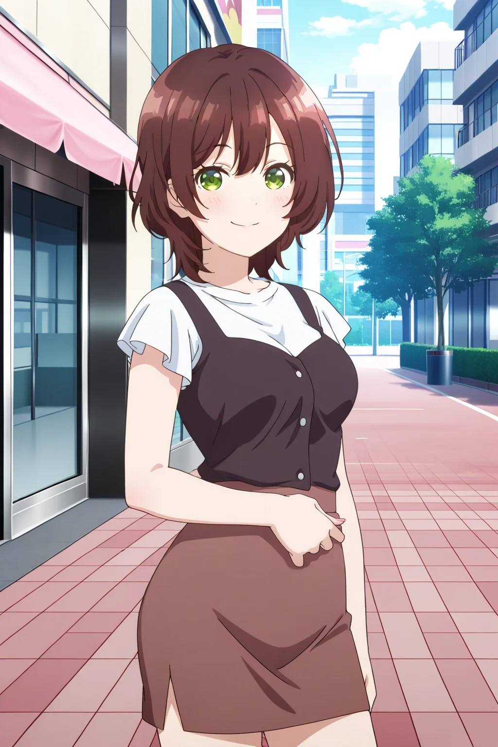 anime screenshot, hinami aoi, 1girl, solo, brown hair, short hair, green eyes, medium breasts, black bustier, white shirt, frilled shirt, t-shirt, short sleeves, brown skirt, pencil skirt, looking at viewer, smile, cowboy shot, outdoors, city, masterpiece, best quality, high quality, highres, absurdres, <lora:hinami_aoi_ILXL:0.9>