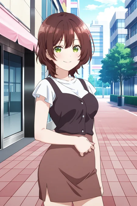 anime screenshot, hinami aoi, 1girl, solo, brown hair, short hair, green eyes, medium breasts, black bustier, white shirt, frilled shirt, t-shirt, short sleeves, brown skirt, pencil skirt, looking at viewer, smile, cowboy shot, outdoors, city, masterpiece, best quality, high quality, highres, absurdres, <lora:hinami_aoi_ILXL:0.9>