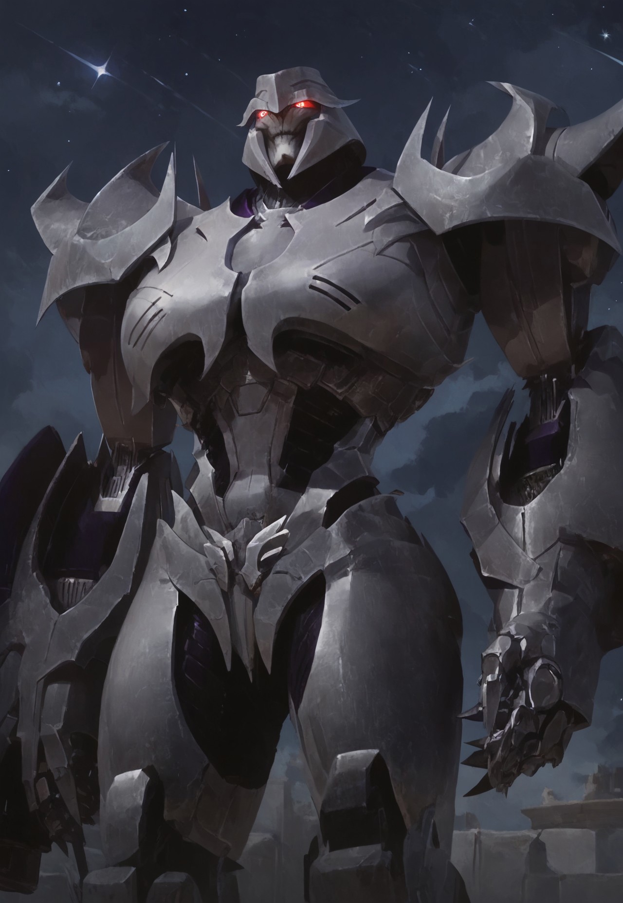 safe_pos, Score_9_up, score_8_up, score_7_up, score_6_up, 
solo, 1girl, Megatron_tfp, Transformer, Robot, Sharp teeth, claws, red eyes, glowing eyes, Armor, Gray body, metal, Big breasts, Perfect Breasts, Tits, boobs, thick thighs, Perfect eyes, Perfect face, Detailed, giggling, , Closed mouth, happy face, smile, standing, arched back, looking down, Columns, Stars, starry sky, night sky,