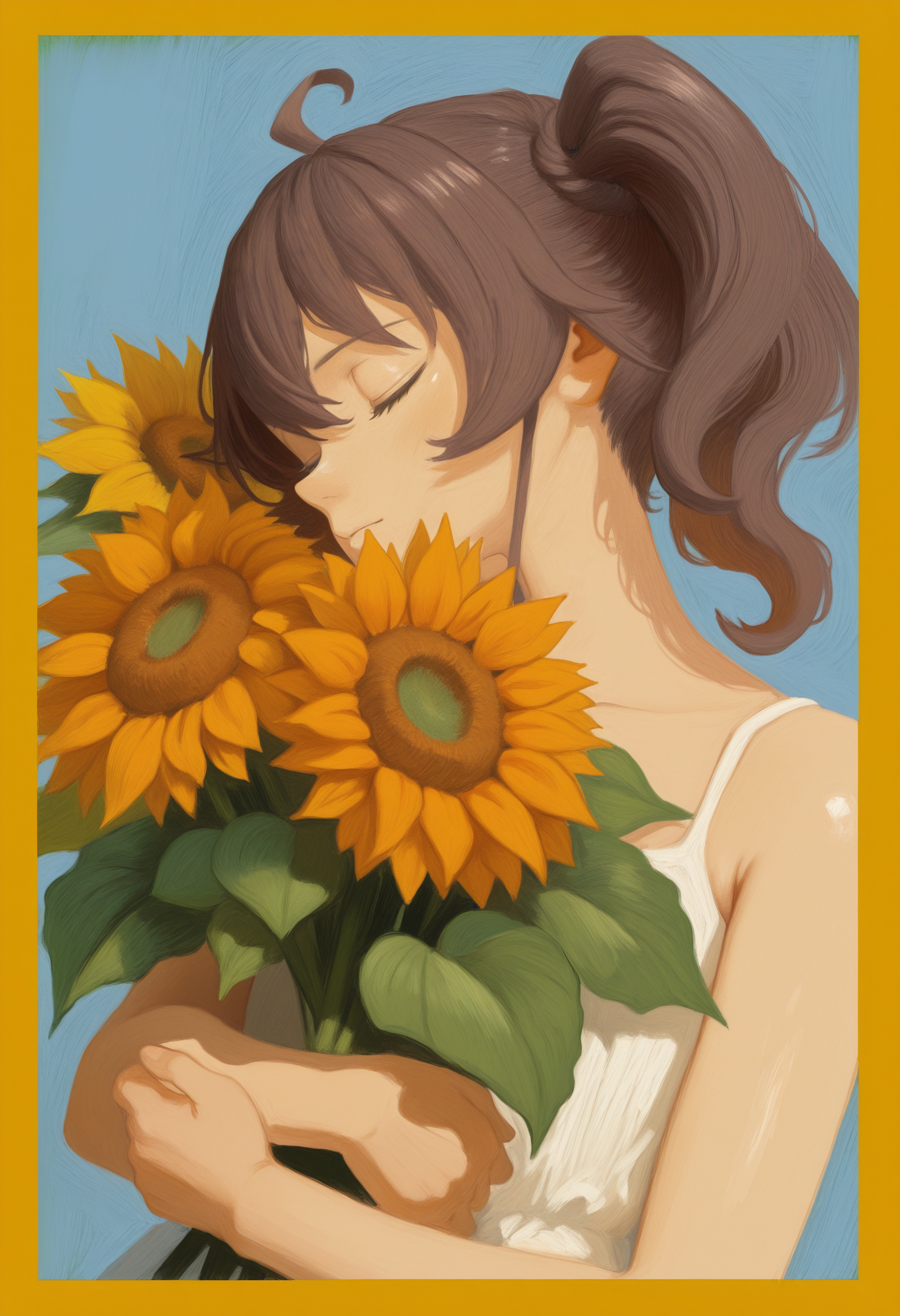 painterly, (natsuiro matsuri,:0.8), artist:[van gogh|yoneyama mai|cursedweeboo|daodtt|diao \(nrays\)|ravine bells],
1girl, solo, holding bouquet, sunflower, portrait, brown hair, side ponytail, closed eyes, plant, yellow flower, blue background, leaf, traditional media, yellow border, orange flower, vase,
newest, impasto, brushstroke, impressionism, oil painting \(medium\), newest, absurdres, masterpiece, very aesthetic
