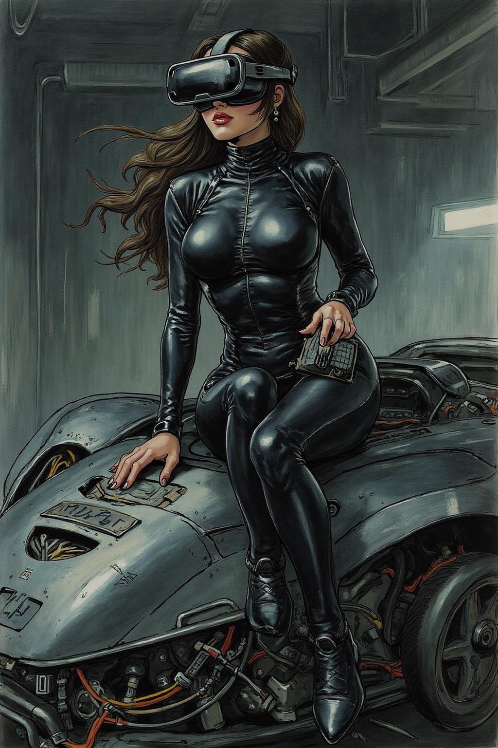 beatrixpotter1 illustration.
A striking, futuristic scene depicts a woman dressed in sleek, form-fitting leather attire, sitting confidently atop an open power suit, inspired by the cyberpunk aesthetics of Masamune Shirow. The power suit, a blend of advanced technology and military-grade armor, features intricate mechanical details, exposed wiring, and a robust, yet streamlined design. The woman, wearing a cutting-edge VR headset, exudes a sense of control and mastery over the machine beneath her. Her posture is relaxed yet commanding, with one hand resting on the suit's metallic surface and the other casually holding a piece of advanced tech. The background is a high-tech industrial setting, with dim lighting that casts dramatic shadows, highlighting the fusion of human and machine. The overall atmosphere is one of futuristic coolness and cybernetic elegance, capturing the essence of Shirow's iconic style  
  <lora:beatrixpotter1_d8a4:1.0><lora:867045348474883237:0>