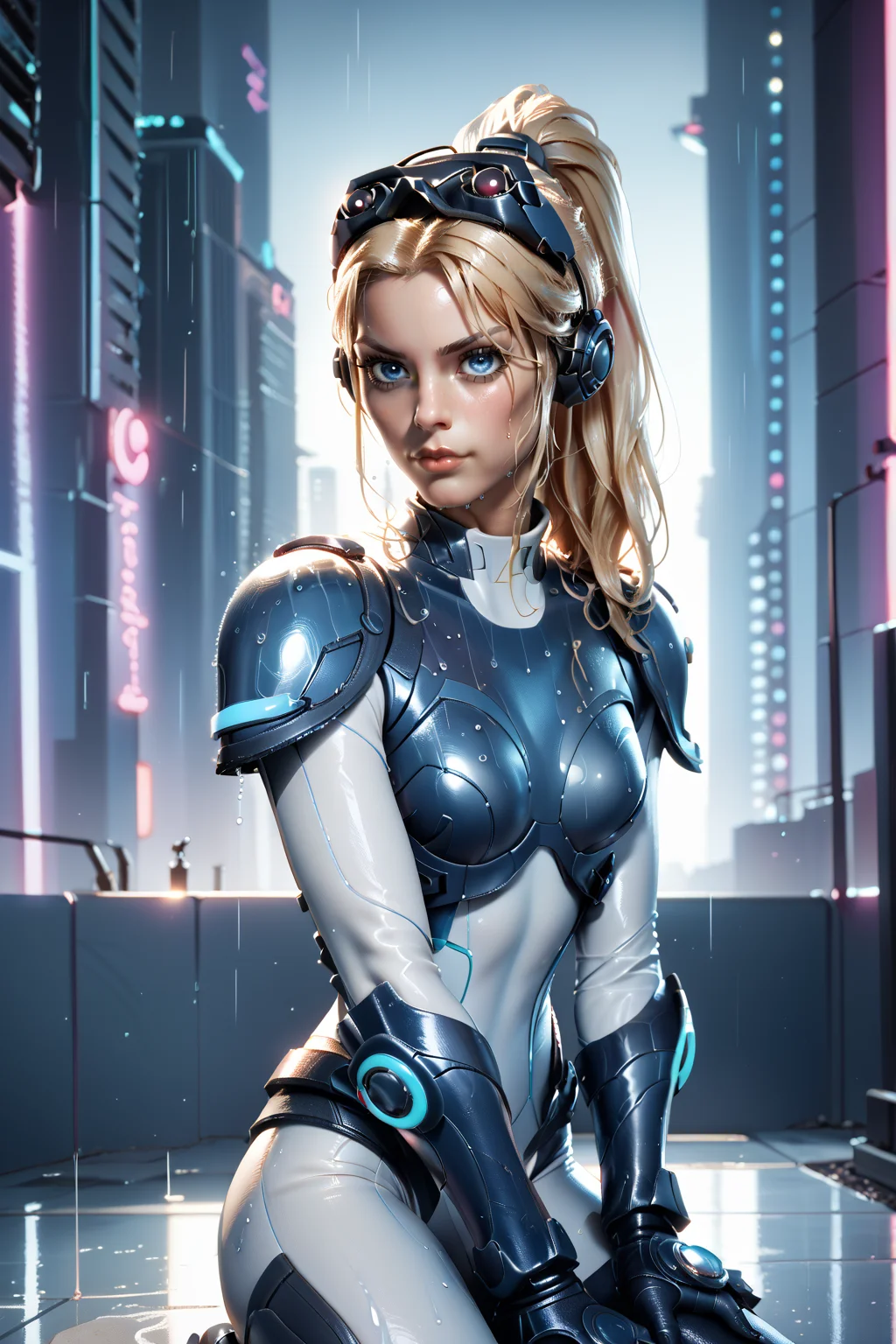 score_9, score_8_up, score_7_up, masterpiece, high quality
<lora:Nova TerraPony:0.8> 1girl, long hair, ponytail, goggles on head, bodysuit, breastplate, gauntlets, shoulder armor, neon trim, boots, futuristic city, neon lights, rain, wet
<lora:3D_Animation_Diffusion_Pony_style:1> solo, lips, blue eyes