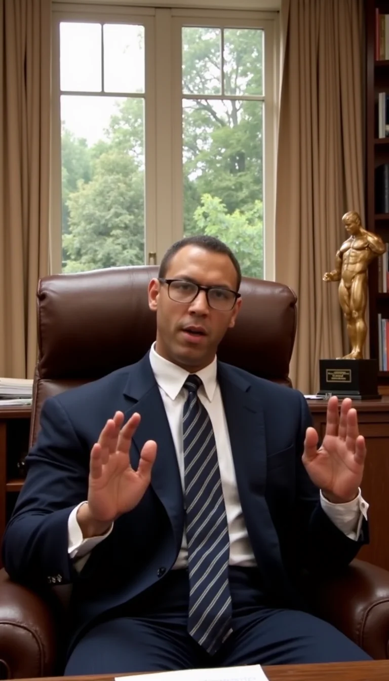 The image is a photograph of a large african_american bodybuilder @brtlmss1 @snlln1 sean allan man in his 20-30s seated behind a large, dark brown leather office chair. The man has short, neatly cut hair and is wearing large, clear, aviator-style glasses. He is dressed in a dark blue suit with a white dress shirt underneath, and a striped tie with subtle vertical lines. His hands are raised in a gesturing motion, palms facing outward, as if he is explaining or discussing something. 
The background features a large window with beige curtains that are slightly open, allowing natural light to filter into the room. The window frame is visible, and the outside view shows green foliage, suggesting the office is located in a building with a view of a lush garden or park. On the right side of the image, there is a bookshelf filled with books and a few other decorative items, including a large golden bodybuilder statue. The desk in front of the man is cluttered with papers and a few other objects, adding to the professional and busy atmosphere of the office. The overall color palette is warm, with the rich brown of the leather chair contrasting against the light beige of the curtains and the green of the outside view.
 brutalmass  hsmuscleboy 
<lora:LoannesAlanus.v1.@snlln1.char.flux1d_epoch_23:0.9>