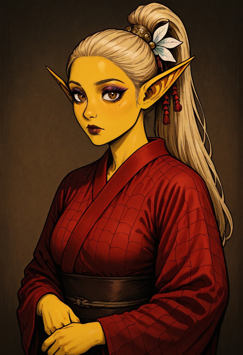 masterpiece, best quality, newest, absurdres, highres, HORCOMV1.0,
1girl, asian, asian female, elf, elf girl, pointy ears, long hair, yellow skin, blonde hair, golden colored skin, ponytail long ponytail, high taied ponytail, makeup, mascara, brown eyes, golden eyes,
kimono, red kimono, japanese clothes, hair ornament,