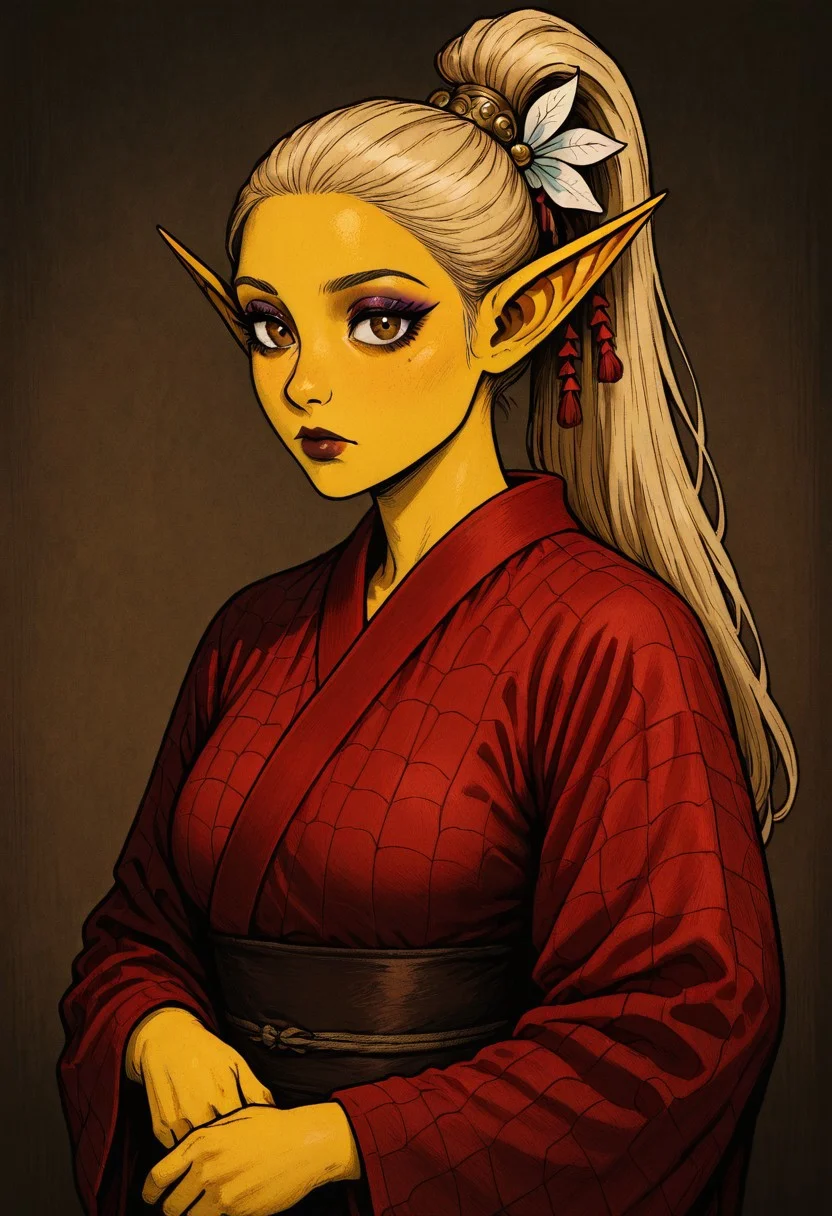 masterpiece, best quality, newest, absurdres, highres, HORCOMV1.0,
1girl, asian, asian female, elf, elf girl, pointy ears, long hair, yellow skin, blonde hair, golden colored skin, ponytail long ponytail, high taied ponytail, makeup, mascara, brown eyes, golden eyes,
kimono, red kimono, japanese clothes, hair ornament,