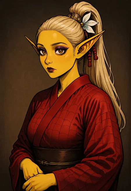 masterpiece, best quality, newest, absurdres, highres, HORCOMV1.0,
1girl, asian, asian female, elf, elf girl, pointy ears, long hair, yellow skin, blonde hair, golden colored skin, ponytail long ponytail, high taied ponytail, makeup, mascara, brown eyes, golden eyes,
kimono, red kimono, japanese clothes, hair ornament,