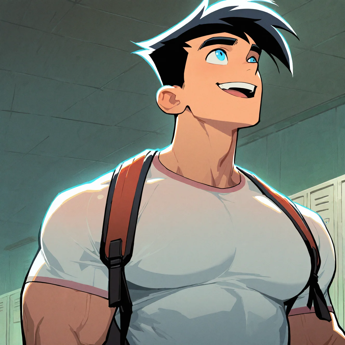 <lora:DANNYP:1>
dannyp, solo, smile, open mouth, short hair, blue eyes, shirt, black hair, 1boy, jacket, muscular male, muscular, white shirt, upper body, male focus, :d, teeth, indoors, bag, upper teeth only, backpack, looking up, t-shirt, meme, locker, locker room, striped clothes
, motion blur, film grain, abstract, natural lighting, fantasy, cinematic, dynamic view, tilted angle, very awa, masterpiece, best quality, absurdres, newest, perfect quality, detailed background, intricate details, (artist:fl \(l-fl\):0.7), (artist:tooboshoo:0.7), (artist:dizdoodz:0.8)