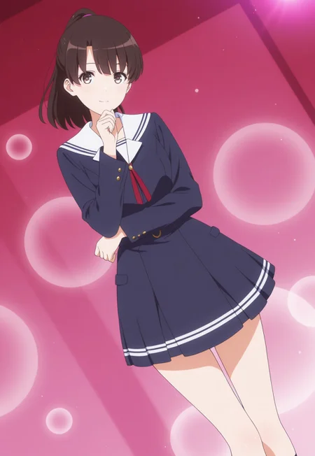 (solo), 1girl,Megumi <lora:IL-KatoMegumi:0.8>,brown hair,katou megumi,brown eyes,ponytail ,long hair, ((detailed eyes)),

dynamic angle, from hip, cinematic framing, (digital painting:0.8), (aura:0.2), MythAn1m3, bokeh, (luminescent background:0.8), 

elegant, masterpiece, best quality, highly detailed, high contrast, dramatic shadows, raytracing, subsurface scattering,

1girl, hand on chin, confident expression, black school uniform, standing pose, romantic heart-themed background, anime style, sharp lighting and contrast, flirty vibe, looking at viewer
