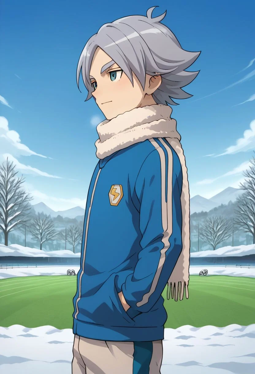 score_9, score_8_up, score_7_up, source_anime, highly detailed, 1boy, solo, male_focus, skinny, slender, 
fubuki2, 1boy, male focus, white soccer uniform, sportswear, grey hair, scarf, soccer field, snow,