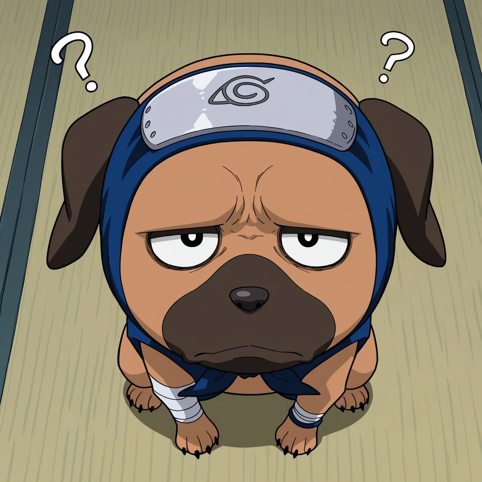 2d, 1boy, solo, Pakkun, male, dog, canine, tail, feral, animal, brown fur, dark brown snout, dark brown ears, black nose, black pupils, dark brown eyelids, black claws, paws, bandages on one arm, blue headband, forehead protector, sleeveless, blue vest,
BREAK Standing, from above, looking at viewer, frown, ?, question mark, indoors
BREAK best quality, amazing quality, very aesthetic, absurdres, newest, masterpiece