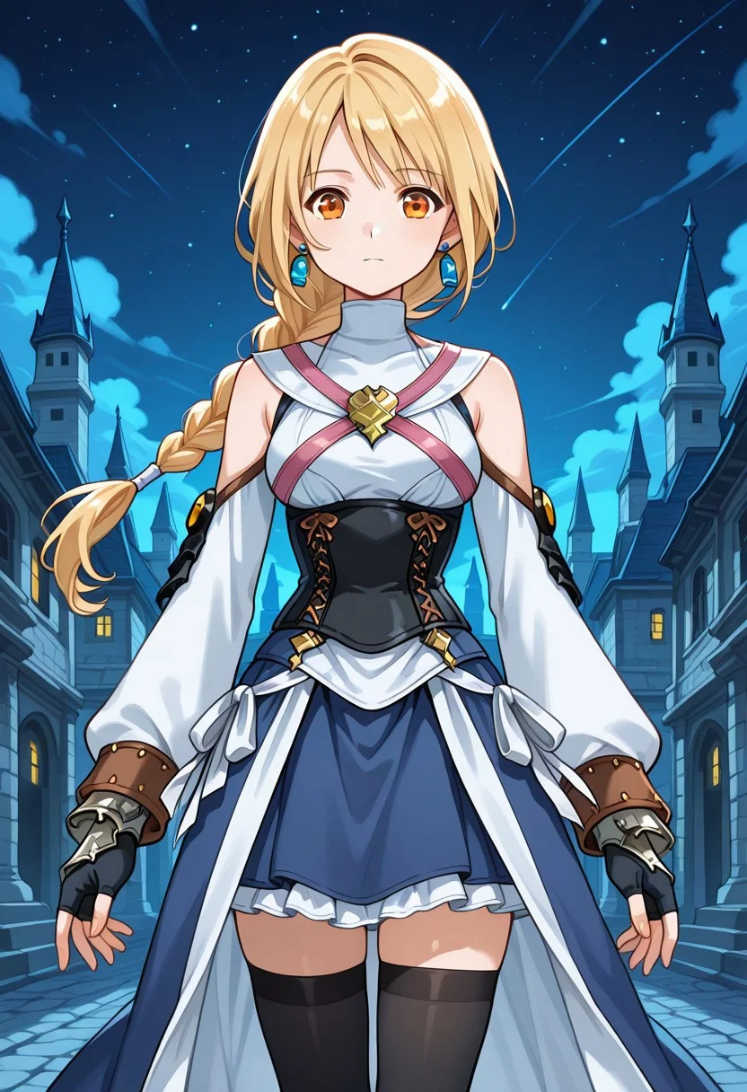 1girl, solo, saruvatorenoren, blonde hair, low-tied long hair, single braid, orange eyes, earrings, turtleneck, corset, medium breasts, sleeveless, gloves, blue skirt, fingerless gloves, long sleeves, dress, black thighhighs, strap, outdoors, castle, night, stars, straight on, looking at viewer, standing, cowboy shot,