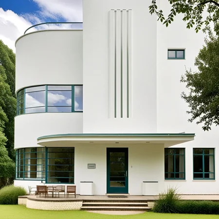 <lora:JJsStreamlineModerne_XL:1>  , ((streamline moderne)), outdoor,,  building, window, grass, tree, , balcony,  ,   center composition,door, column, beam, sky, cloud, day,, photography, capturing moments, storytelling, creative composition
