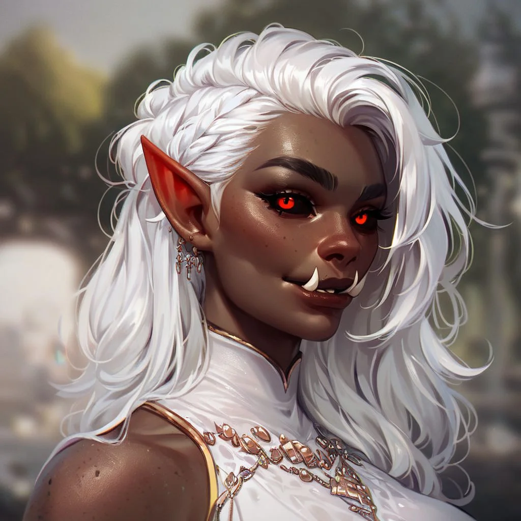 (((beautiful, high quality))), upper Body, score_9, score_8_up, score_7_up,
Orc, fangs, pointed ears, black sclera, 1girl, dark skin, red eyes, white hair, white dress,
looking at the viewer, posing,
blurred background,