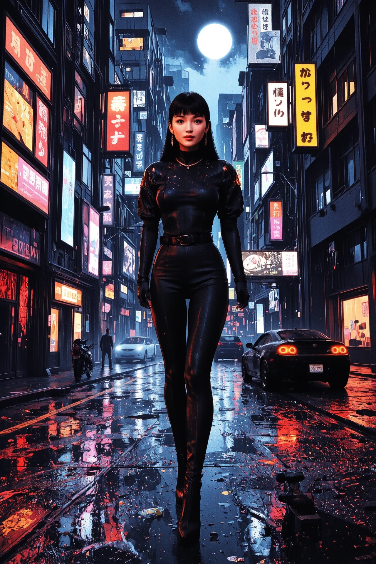 sleek hair black hair young cyberpunk woman, anime, illustration, cyberpunk, futuristic, extremely detailed, portrait, standing, happy smile, beautiful cyberpunk tokyo buildings landscape, wet floor, windows, car, motorbike, moon in the sky, bright neon lights, screen holograms, kanjis, raytracing, hdr, high contrast, cinematic lights, backlight, reflections, legs, heels, sharp focus, luminous Templeton Gray robot glossy brilliant armor, body lights, body circuits, glossy lipstick, necklace, linear earrings, colorful, retrowave, shadows, vibrant colors, colorful, bright, pretty, beautiful, feminine, sexy, lovely, in love, adorable, fashion, <lora:Hand v2:1> <lora:Anti-Blur:2> <lora:Insane Detail Slider:0.5>  <lora:flux.1_lora_flyway_Epic-detail_v2:0.3><lora:fluxenhancer:0.5> <lora:RetroAnimeFluxV1:0.3> <lora:CPA:0.6> <lora:Luminous_Shadowscape:0.3>  <lora:Neon_Noir_FLUX:0.4> mad-neon-noir  <lora:bv-cybstyenh-v1_rank16_bf16:0.3>