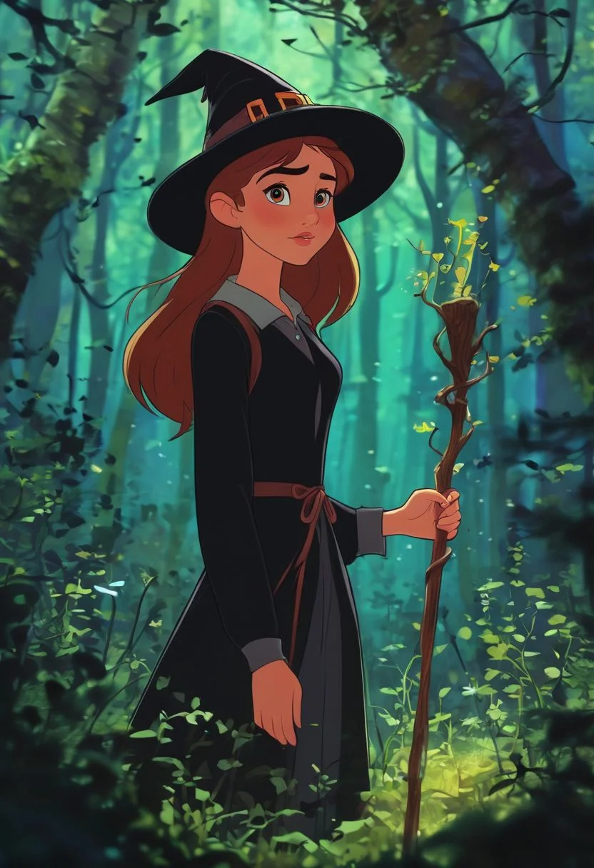 a cute witch girl in a magical forest, 1girl, (young), witch hat, dark dress, cute detailed face, walking, magic staff, (fantasy forest), j_cartoon