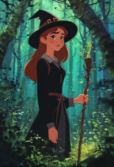 a cute witch girl in a magical forest, 1girl, (young), witch hat, dark dress, cute detailed face, walking, magic staff, (fantasy forest), j_cartoon