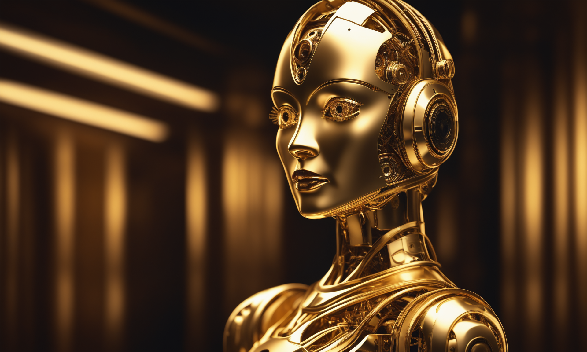 <lora:goldcarvingcd_xl-000006:0.3>,a female robot puppet made of (goldcarvingcd_xl,golden,gold carving),(solo:1.3),upper body,no humans,still life,humanoid robot,cute,cutie,indoors,front view,facing viewer,looking at viewer,fine art,(Unbelievable Digital Artwork:1.3),CGSociety,ArtStation,master works, emotional, harmonious, high budget, moody, epic, gorgeous, perfect lighting, realistic, photorealistic, photographic, photo (medium),real, moody lighting, volumetric lighting, reality ray tracing, 8K, HDR, UHD, masterpiece, best quality, highly detailed, high resolution, finely detail, extremely detailed, ultra detailed, wallpaper