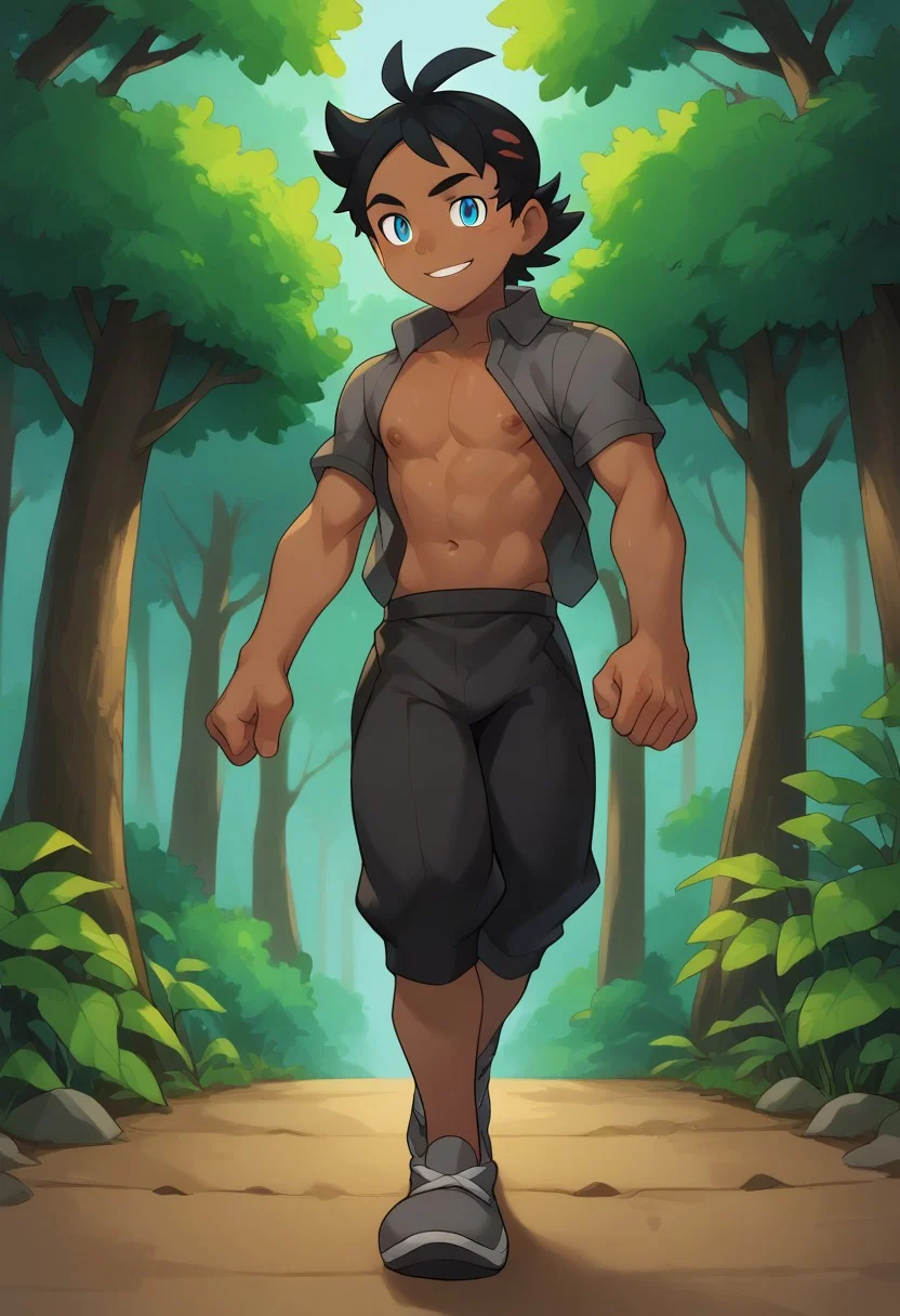 Safe_pos, 8k, score_9, score_9_up, score_9_up, portrait, ((masterpiece)), ((best quality)), ((ultra-detailed)), ((absurdres)), HD, top quality, best quality, amazing quality, High-quality illustrations, dynamic angle, source_anime, best aesthetic, perfect proportions, perfect eyes, perfect anatomy, thick outline, black outline, full body, dynamic pose, male focus, 1boy, muscular, twink, handsome, cute face, big chest, big nipples, big muscles, lean, abs, navel, slim waist, big dick, dickslip, convex penis, foreskin, precum, saggy balls, perfect round smooth ass, big feet, muscular legs, perfect anus, tight anus, (masterpiece), solo, Goh, black hair, blue eyes, dark skin, gray open shirt, black open pants, grey shoes, smile, walking, forest pathway, sunny day, adult, grown up, TAKK, Draugnut, Draugnut style, Big feet, VonBoche