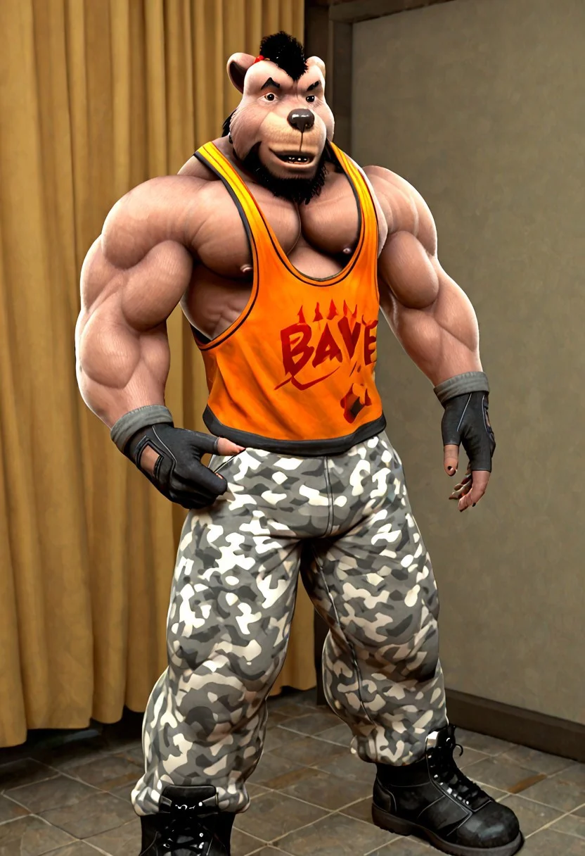 Sarge, Antho, bear, brown bear, ursine, Athletic, beard, biceps, black hair, brown body, ponytail, brown fur, black nose, facial hair, fur, grey eyes, muscle guts, muscular, muscular anthro, nipples, pecs, smile, vein, standing, solo, jacket, orange tanktop, gotee, camo, camo bottomwear, camo pants, pattern bottomwear, boots, fingerless gloves, gloves