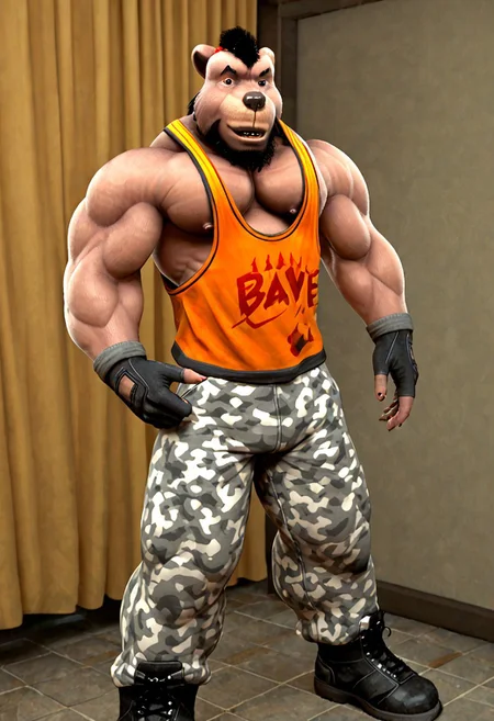 Sarge, Antho, bear, brown bear, ursine, Athletic, beard, biceps, black hair, brown body, ponytail, brown fur, black nose, facial hair, fur, grey eyes, muscle guts, muscular, muscular anthro, nipples, pecs, smile, vein, standing, solo, jacket, orange tanktop, gotee, camo, camo bottomwear, camo pants, pattern bottomwear, boots, fingerless gloves, gloves