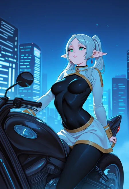masterpiece,best quality,amazing quality,solo,1girl, frieren, elf, lips, curvy, athletic, medium breasts,  :3, pose, white shrug, white skirt, black bodysuit, back lighting, leaning back, pose, night, outdoors, futuristic city, riding motorbike, futuristic motorbike, <lora:KAMICHICHI_Style_IL:1>