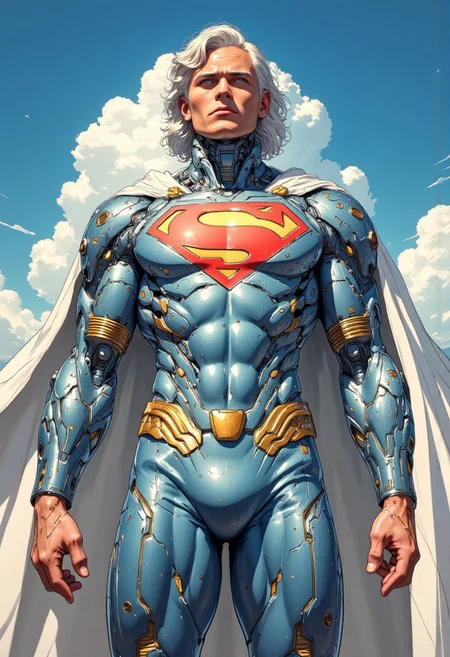 Cyber Anime sci-fi cinematic scenes. The Clark Kent Supperman in metallic armore. Light sky blue and golden. The white cloak, the S emblem on chest, (Ultra-realistic, 32k, Masterpiece, High Quality, Detailed Realistic Background, Official Art, Realistic Lighting, filmfotos, film grain, reversal film photography)