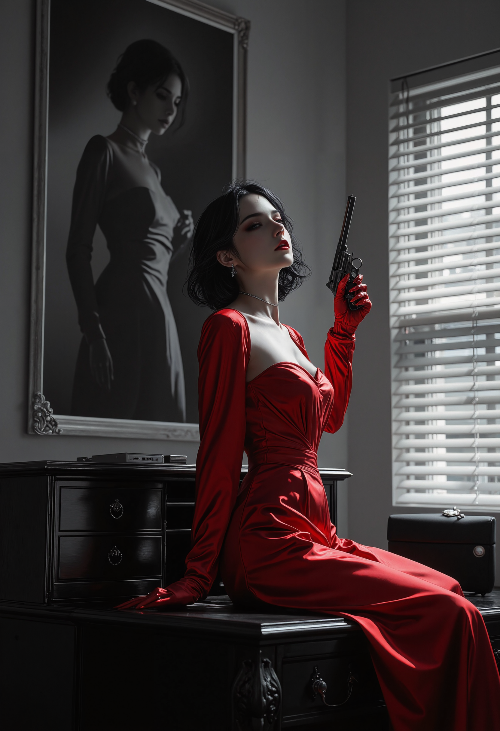 In the style of ff-nn, 8k Midjouney Anime Style, A femme fatale in a red satin dress sits on the edge of a vintage desk in a detective's office. Her silhouette is dramatic against the Venetian blinds, casting bold stripes of shadow across her body. A revolver glints in her hand, her confident smirk daring anyone to test her., (b&w, Monochromatic, Film Photography:1.3), Photorealistic, Hyperrealistic, Hyperdetailed, film noir, analog style, soft lighting, subsurface scattering, realistic, heavy shadow, masterpiece, best quality, ultra realistic, 8k, golden ratio, Intricate, High Detail, film photography, soft focus <lora:Neo_Noir:0.54> <lora:Dark_Gray_Photography_flux:0.24> <lora:anime_inspired_art_luci:0.43>