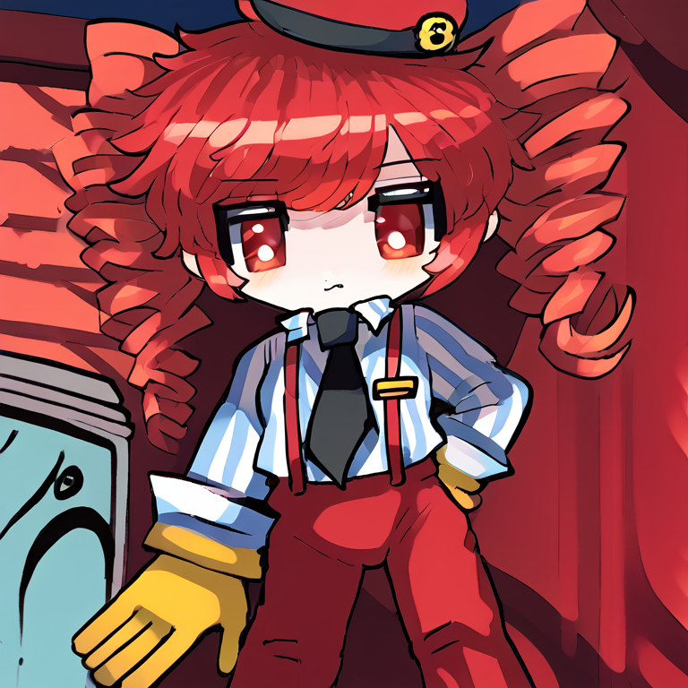<lora:murasakigezi-05:1.2> chibi  <lora:Teto_Mesmerizer_PDXL:0.8> tetomesmerizer, kasane teto, striped shirt, yellow gloves, black necktie, suspenders, red pants, hat