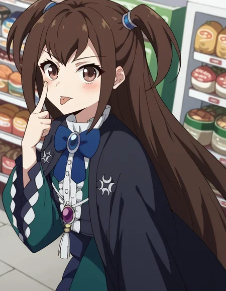 score_9, score_8_up, score_7_up, source_anime, <lora:kizuna-kazayama-s2-ponyxl-lora-nochekaiser:1>, kizuna kazayama, long hair, brown hair, brown eyes, two side up,, long sleeves, dress, bow, frills, wide sleeves, bowtie, cape, blue bow, brooch, green dress, black cape,, supermarket, aisles, shopping, food, shelves, , <lora:akanbe-ponyxl-lora-nochekaiser:1>, akanbe, eyelid pull, finger to eye, tongue out, :p, tongue, ;p, blush, leaning forward, bent over, from side,, looking at viewer, solo,, dutch angle, cowboy shot