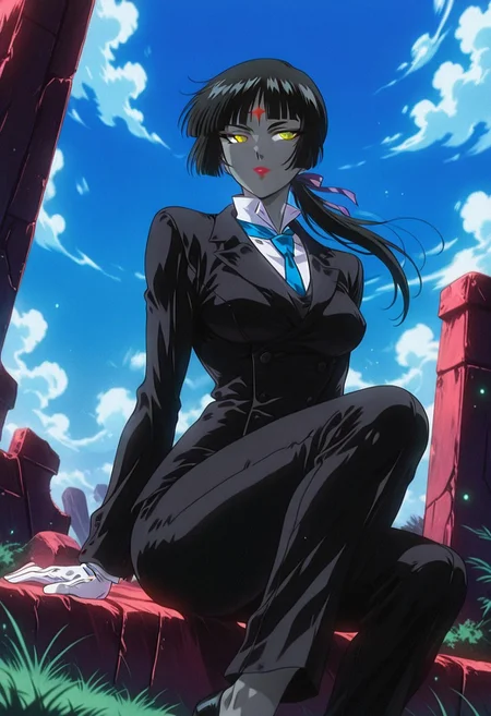 LuluBellDGR, 1girl, solo, colored skin, grey skin, facial marks, black hair, long hair, blunt  bangs, ponytail, hair ribbon, yellow eyes, sunglasses, lips, red lipstick, formal suit, pant suit, black jacket, white shirt, blue necktie, large breast, white gloves,  black pants, black shoes, thick thighs, high heels,
,seductive pose, sexy pose, tease, 
masterpiece, best quality, fine details, intricate details, depth of field, subsurface scattering, bokeh,
 ultra-detailed, very aesthetic, detailed background, newest, scenery, highres, absurdres, colorful, vibrant, glowing, perfect face, 2d, perfect eyes,  vibrant saturated colors, volumetric lighting, sharp, detailed eyes, perfect anatomy,  perfect face, perfect eyes, mature body, clear eyes, beautiful eyes, athletic, curvy body, athletic girl, perky tits, perfect tits, round breasts, pinup pose, teasing, lustful expression, perfect hands, 
muscular female, dutch angle, 
  floating hair, floating clothes, outdoors, sitting, stone, ruins, blue sky, cloud, grass,
,Smooth Negative, Smooth_Quality,
90s_anime_aesthetic, 1990s (style), retro, retro artstyle,dark_fantasy_style, dark fantasy, retro,