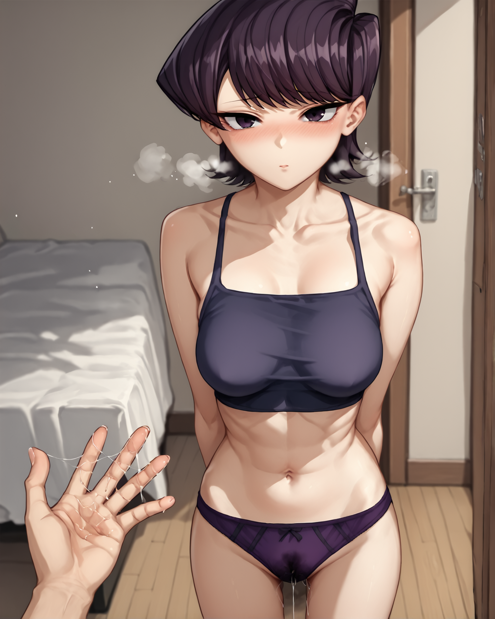 score_9, score_8_up, score_7_up, source_anime BREAK 1girl, Komi Shuuko, purple eyes, looking at viewer, pov, purple hair, short hair, swept bangs, blush, hetero, standing, medium breasts, perky breasts, netorare, cheating (relationship), underwear, bare shoulders, simple background, navel, lust, aroused, collarbone, hand behind back, heavy breathing, pov hand, pov_hand_juice, pussy juice trail on hand, <lora:POV_pussy_juice_on_hand:1>, rating_questionable