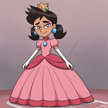 1girl, solo, TammyM, twintails, green eyes, black hair, dark-skin female, p34ch3s-dress, cosplay, crown, blue earrings, jewelry, pink dress, elbow gloves, white gloves, Very long large floor length wide straight tulle long sleeved ball gown hoop skirt, ball gown hoop skirt, princess dress, hoopdress, white pearl necklace, long elbow length princess gloves, my big princess gypsy wedding dress, ballgown, a girl in a dress posing like a princess for a picture, looking at viewer, pretty eyes, she is posing, hands on hips, closed mouth, half closed eyes