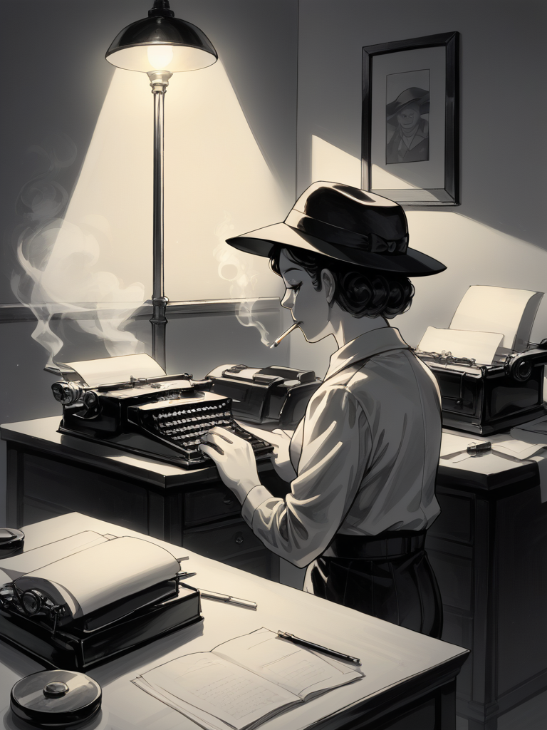 score_9, score_8_up, score_7_up, source_anime, BREAK

1boy, A detective, sitting, desk, typing, typewriter, Hat. Mood Lighting, Monochrome, Smoky, Desk Lamp, BREAK

1girl, attractive woman, standing, holding, cigarette, smoking, talking,