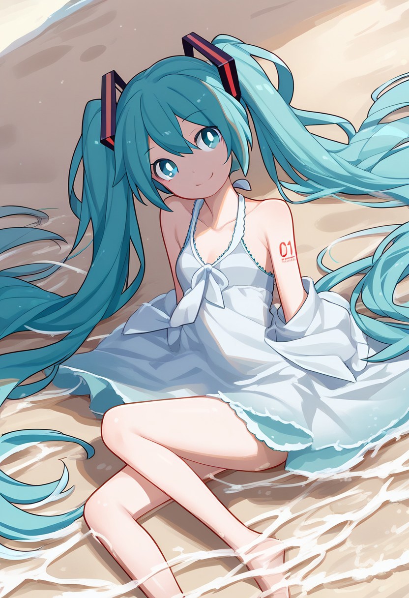score 9,score 8 up,score 7 up,anime,quan,1girl,solo,bare leg,hatsune miku,beach,sea,white pupil,smile,